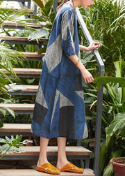 Style o neck patchwork Robes Work blue gray print Dress summer - bagstylebliss