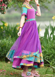 Style o neck patchwork tulle cotton clothes Work Outfits purple print Art Dresses summer - bagstylebliss