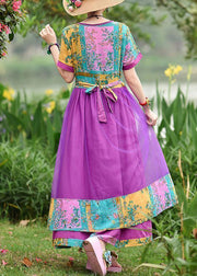 Style o neck patchwork tulle cotton clothes Work Outfits purple print Art Dresses summer - bagstylebliss