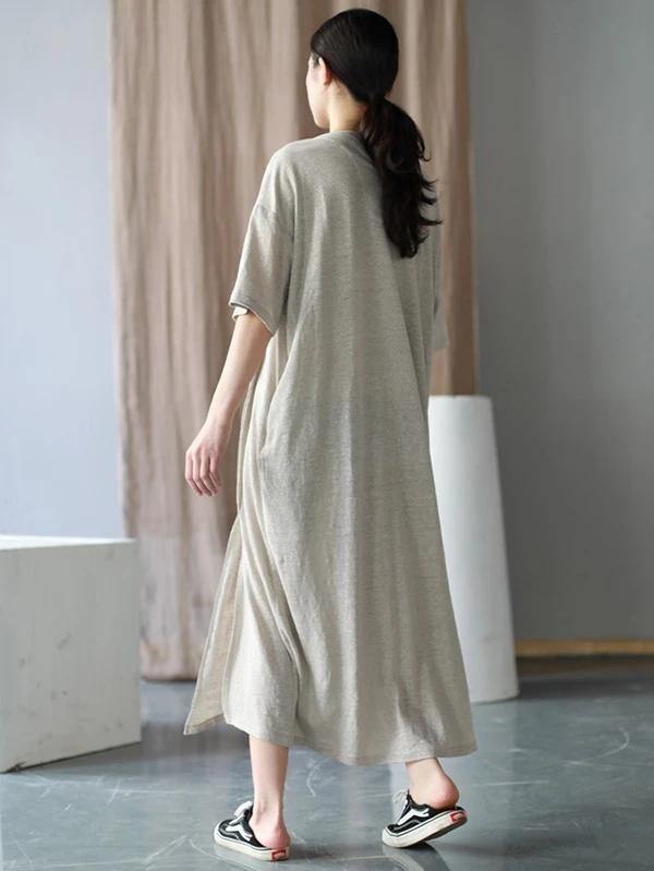 Style o neck side open cotton Tunics Work Outfits beige long Dresses summer - bagstylebliss