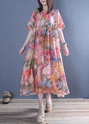 Style o neck Cinched cotton tunic dress Fashion pink print Maxi Dress - bagstylebliss