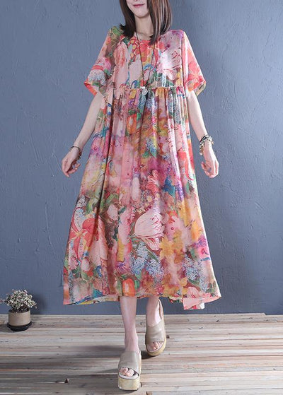 Style o neck Cinched cotton tunic dress Fashion pink print Maxi Dress - bagstylebliss