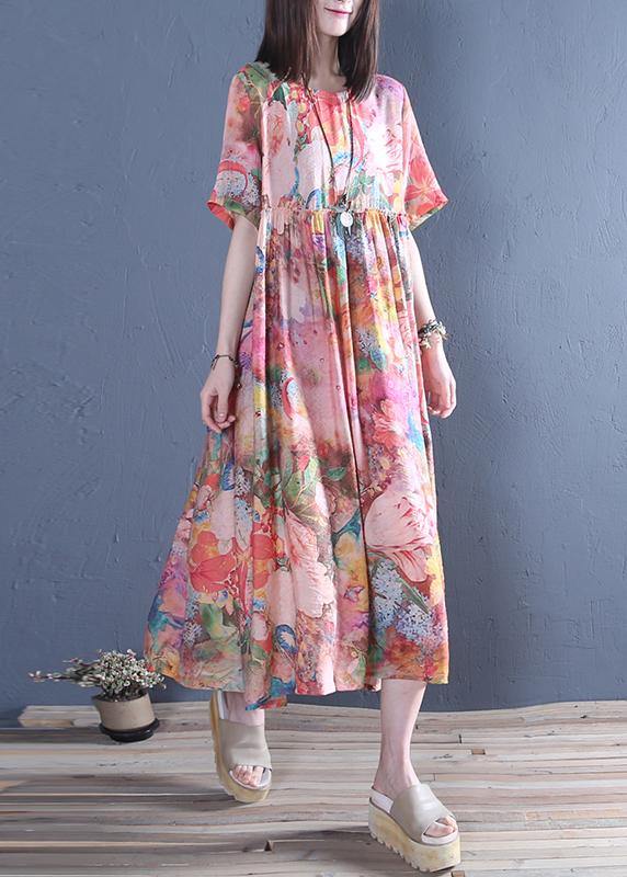 Style o neck Cinched cotton tunic dress Fashion pink print Maxi Dress - bagstylebliss