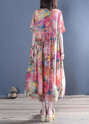 Style o neck Cinched cotton tunic dress Fashion pink print Maxi Dress - bagstylebliss