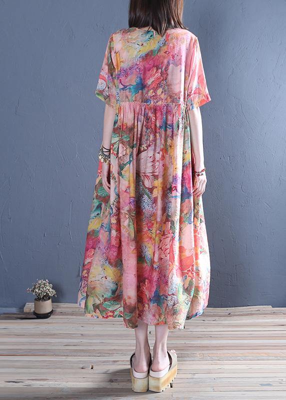 Style o neck Cinched cotton tunic dress Fashion pink print Maxi Dress - bagstylebliss