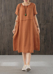 Style orange Long Shirts o neck patchwork cotton Dress - bagstylebliss