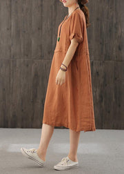 Style orange Long Shirts o neck patchwork cotton Dress - bagstylebliss