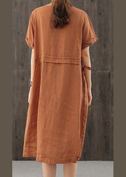 Style orange Long Shirts o neck patchwork cotton Dress - bagstylebliss