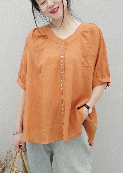 Style orange linen top o neck short sleeve Midi shirts - bagstylebliss