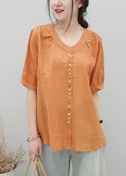 Style orange linen top o neck short sleeve Midi shirts - bagstylebliss