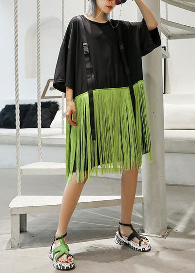 Style patchwork tassel Cotton clothes black Dresses summer - bagstylebliss