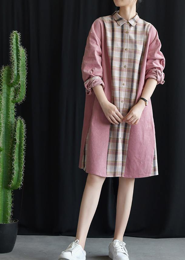 Style pink patchwork Plaid Cotton clothes lapel tie waist Plus Size fall Dresses - bagstylebliss