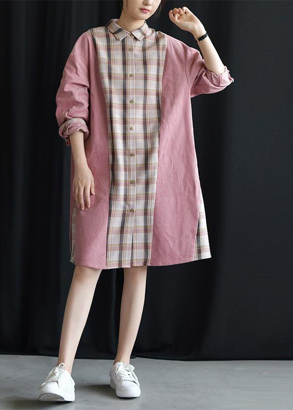 Style pink patchwork Plaid Cotton clothes lapel tie waist Plus Size fall Dresses - bagstylebliss