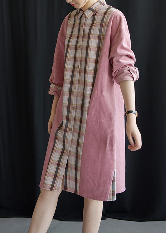 Style pink patchwork Plaid Cotton clothes lapel tie waist Plus Size fall Dresses - bagstylebliss