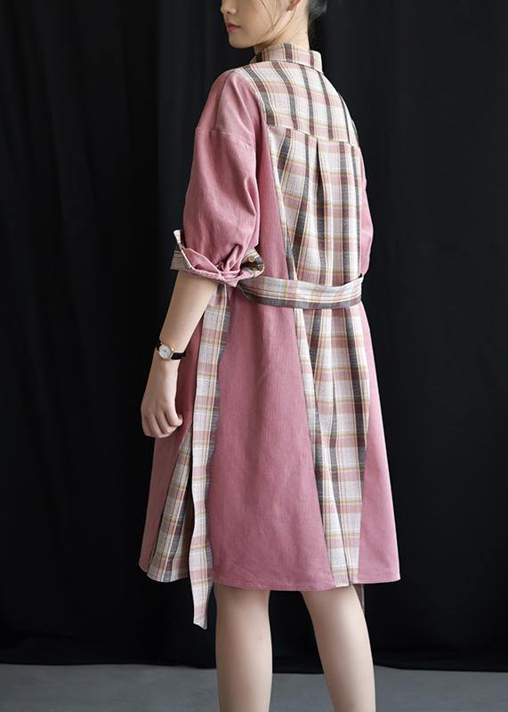 Style pink patchwork Plaid Cotton clothes lapel tie waist Plus Size fall Dresses - bagstylebliss