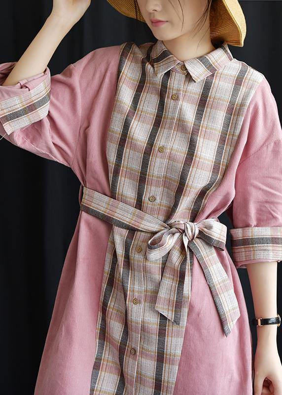 Style pink patchwork Plaid Cotton clothes lapel tie waist Plus Size fall Dresses - bagstylebliss