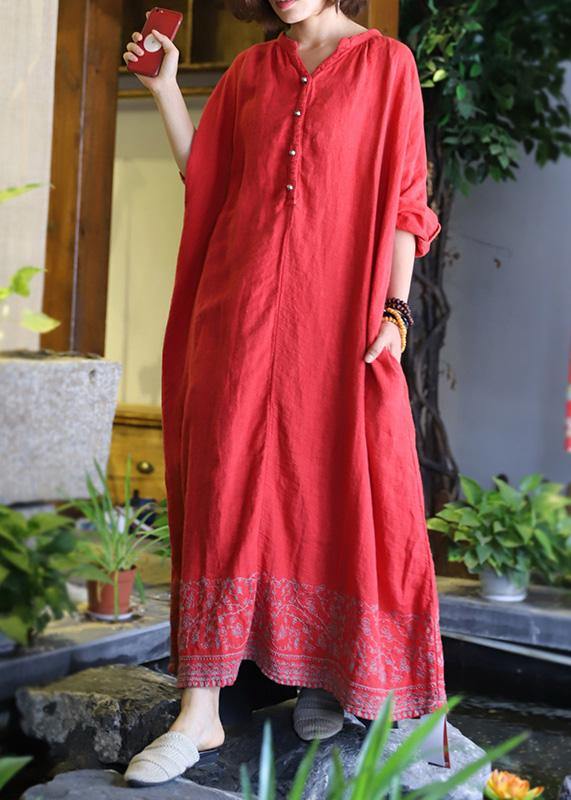 Style pockets baggy linen dresses Catwalk red embroidery Dress v neck - bagstylebliss
