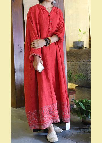 Style pockets baggy linen dresses Catwalk red embroidery Dress v neck - bagstylebliss