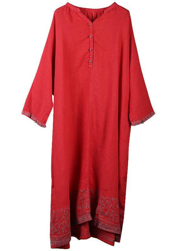 Style pockets baggy linen dresses Catwalk red embroidery Dress v neck - bagstylebliss