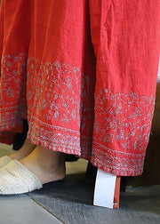 Style pockets baggy linen dresses Catwalk red embroidery Dress v neck - bagstylebliss