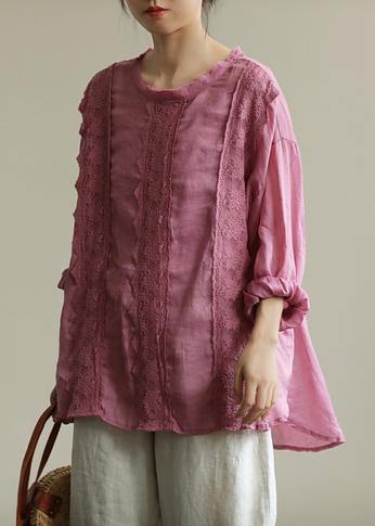 Style purple tunic top o neck patchwork lace Midi fall top - bagstylebliss