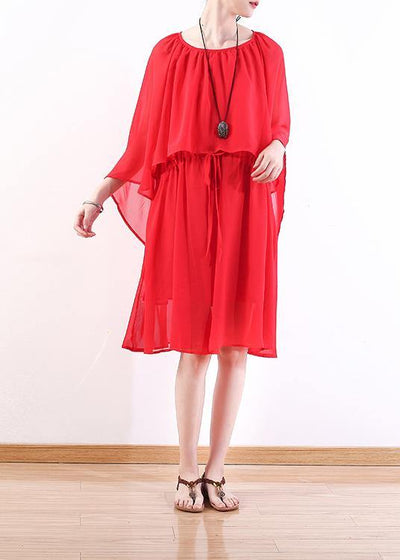 Style red chiffon dresses stylish Shirts tie waist Maxi summer Dress - bagstylebliss