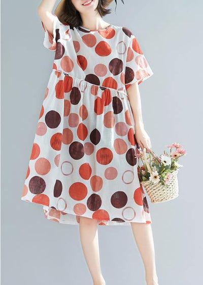 Style red dotted linen clothes For Women plus size design o neck short sleeve Plus Size Summer Dress - bagstylebliss