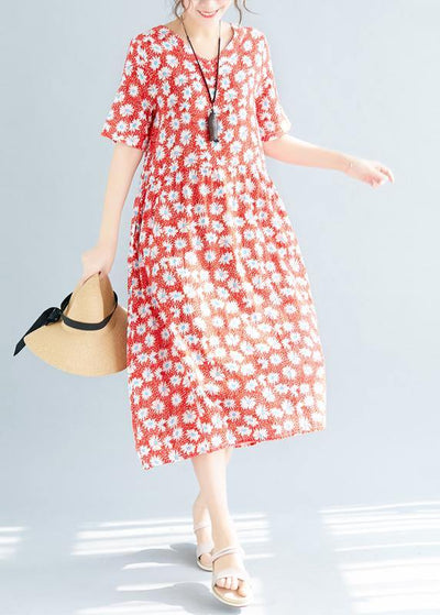 Style red floral linen clothes v neck loose summer Dresses - bagstylebliss