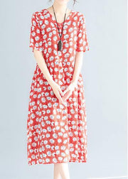 Style red floral linen clothes v neck loose summer Dresses - bagstylebliss