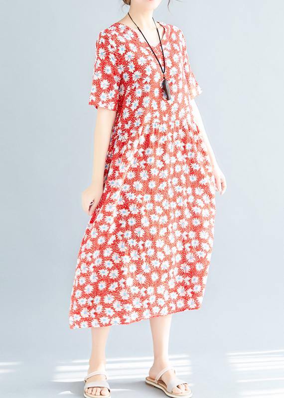 Style red floral linen clothes v neck loose summer Dresses - bagstylebliss