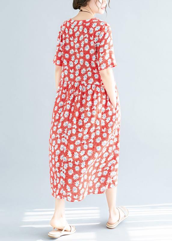 Style red floral linen clothes v neck loose summer Dresses - bagstylebliss