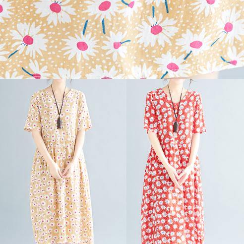 Style red floral linen clothes v neck loose summer Dresses - bagstylebliss