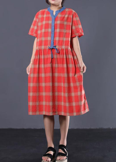 Style red plaid cotton clothes For Women patchwork color long summer Dresses - bagstylebliss