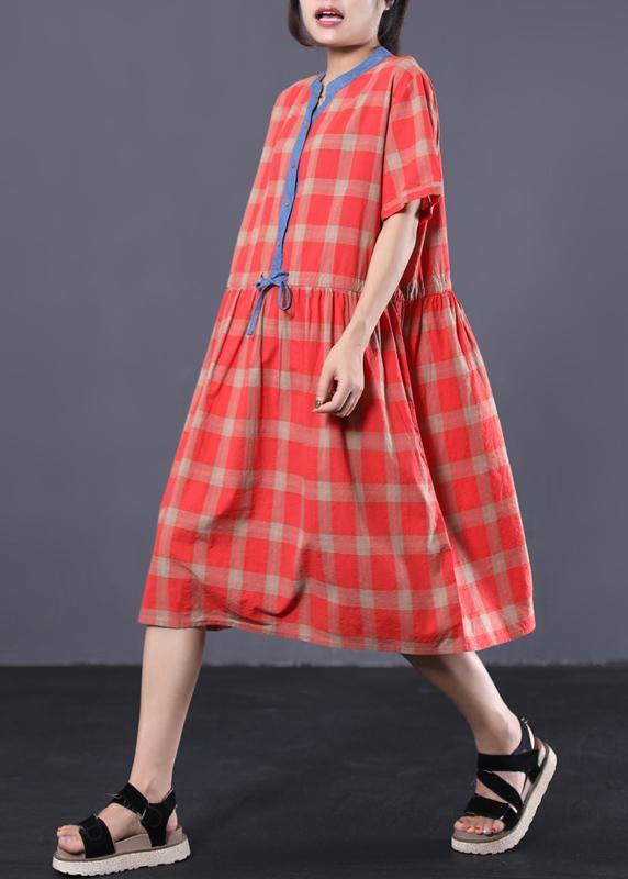 Style red plaid cotton clothes For Women patchwork color long summer Dresses - bagstylebliss