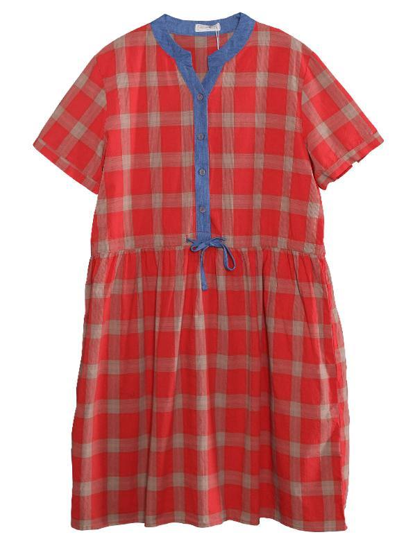 Style red plaid cotton clothes For Women patchwork color long summer Dresses - bagstylebliss