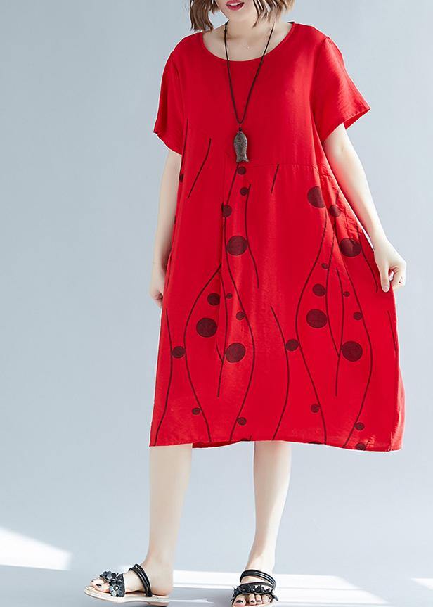 Style red print cotton outfit o neck shift summer Dresses - bagstylebliss