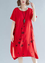 Style red print cotton outfit o neck shift summer Dresses - bagstylebliss