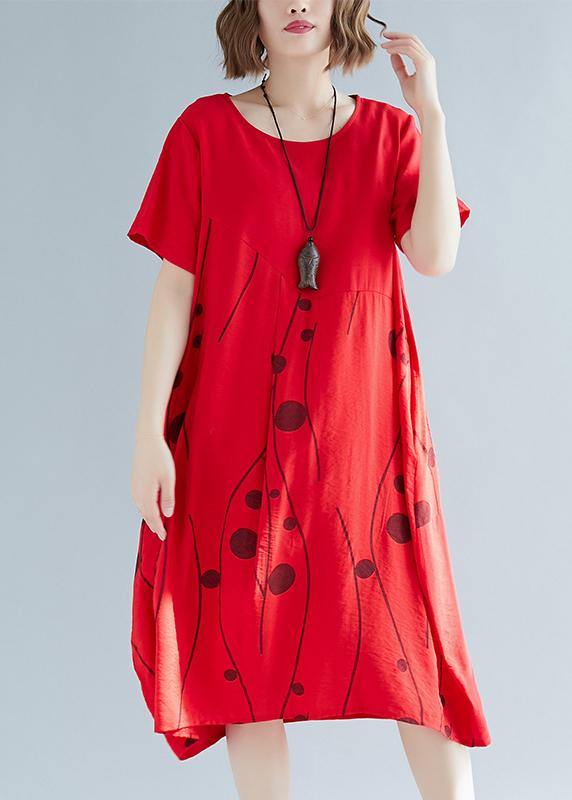 Style red print cotton outfit o neck shift summer Dresses - bagstylebliss