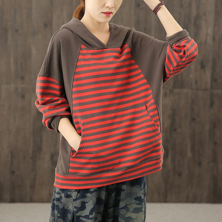 Style red striped tunics for women hooded patchwork baggy blouses - bagstylebliss