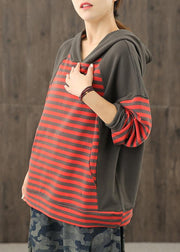 Style red striped tunics for women hooded patchwork baggy blouses - bagstylebliss