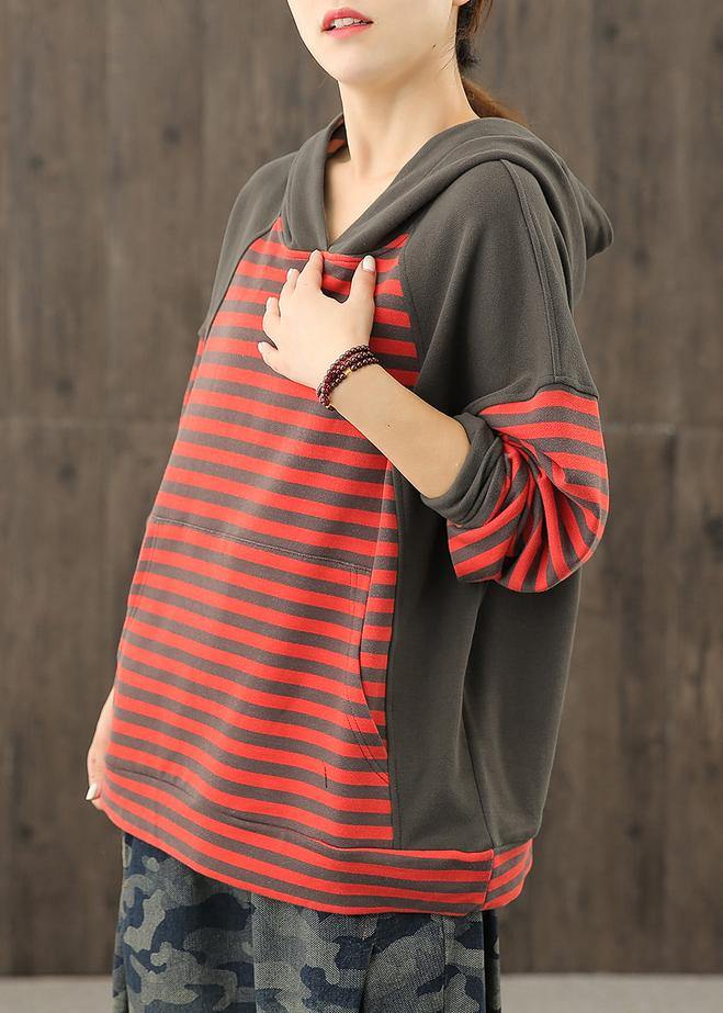 Style red striped tunics for women hooded patchwork baggy blouses - bagstylebliss