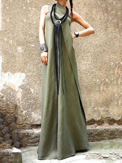 Style Sleeveless Patchwork Linen Outfit Photography Army Green Dress - bagstylebliss