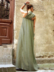 Style Sleeveless Patchwork Linen Outfit Photography Army Green Dress - bagstylebliss