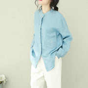 Style stand collar linen tops women blouses plus size Sewing green short blouses