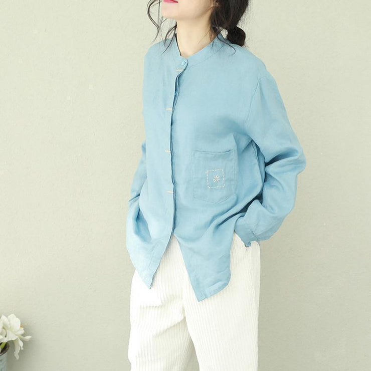 Style stand collar linen tops women blouses plus size Sewing green short blouses