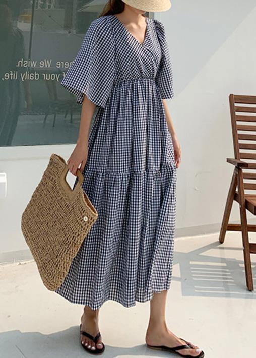 Style v neck Ruffles linen cotton summer quilting dresses Work plaid Dress - bagstylebliss