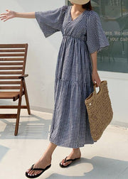 Style v neck Ruffles linen cotton summer quilting dresses Work plaid Dress - bagstylebliss