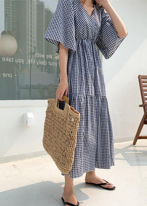 Style v neck Ruffles linen cotton summer quilting dresses Work plaid Dress - bagstylebliss