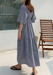 Style v neck Ruffles linen cotton summer quilting dresses Work plaid Dress - bagstylebliss