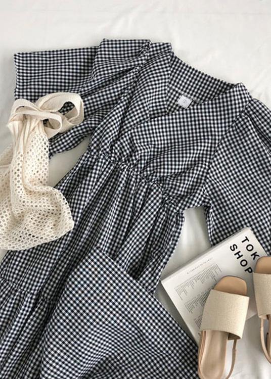 Style v neck Ruffles linen cotton summer quilting dresses Work plaid Dress - bagstylebliss